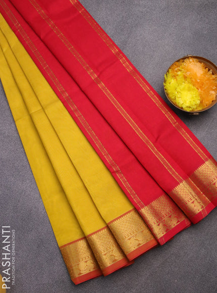 Silk cotton saree sandal and red with plain body and zari woven border