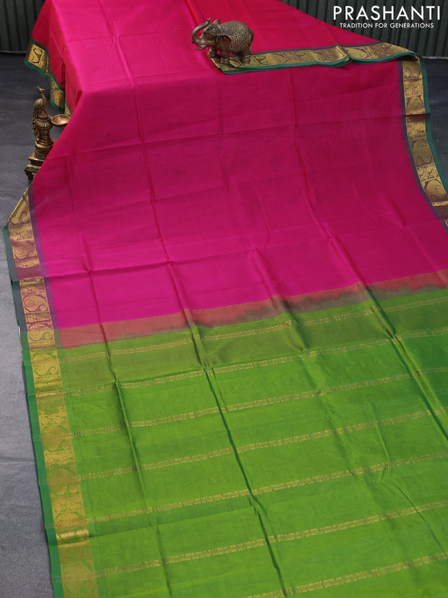 Silk cotton saree pink and light green with plain body and paisley zari woven border