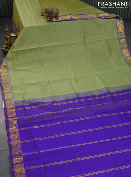 Silk cotton saree pastel green and blue with plain body and paisley zari woven border