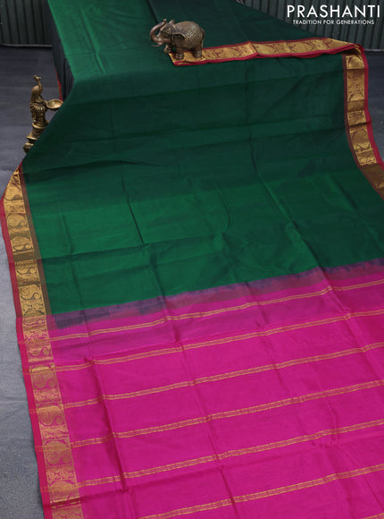 Silk cotton saree green and pink with plain body and paisley zari woven border