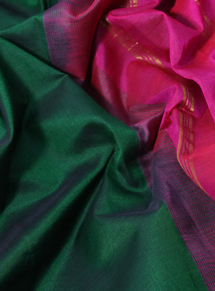 Silk cotton saree green and pink with plain body and paisley zari woven border