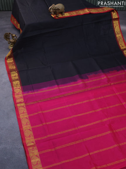 Silk cotton saree black and pink with plain body and paisley zari woven border