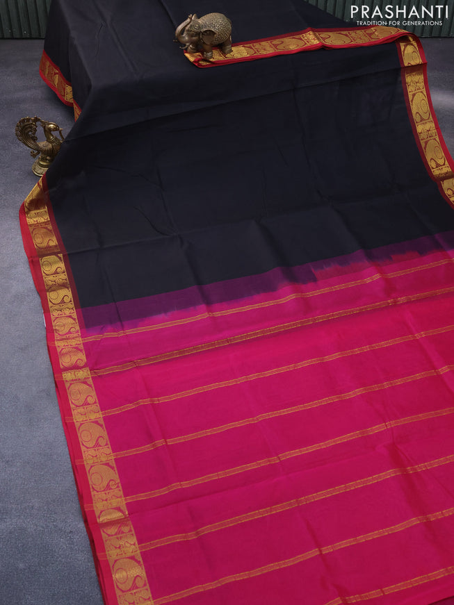 Silk cotton saree black and pink with plain body and paisley zari woven border