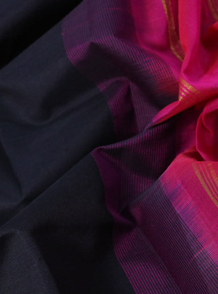 Silk cotton saree black and pink with plain body and paisley zari woven border