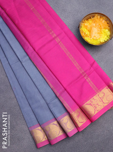 Silk cotton saree grey and pink with plain body and paisley zari woven border