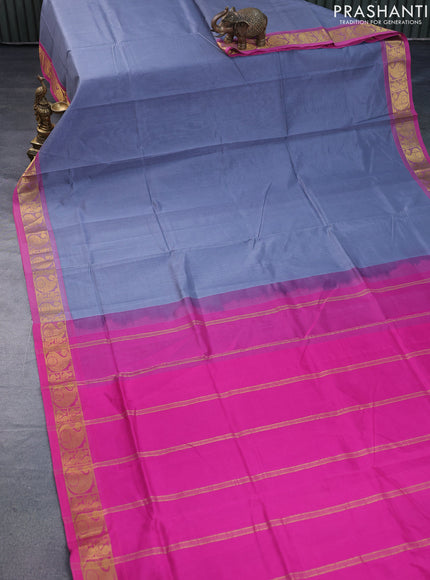 Silk cotton saree grey and pink with plain body and paisley zari woven border