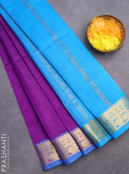 Silk cotton saree purple and cs blue with plain body and annam zari woven border