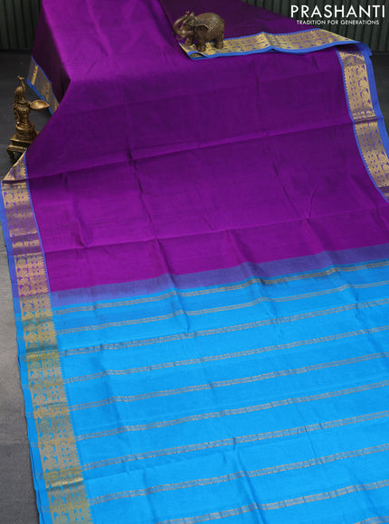 Silk cotton saree purple and cs blue with plain body and annam zari woven border