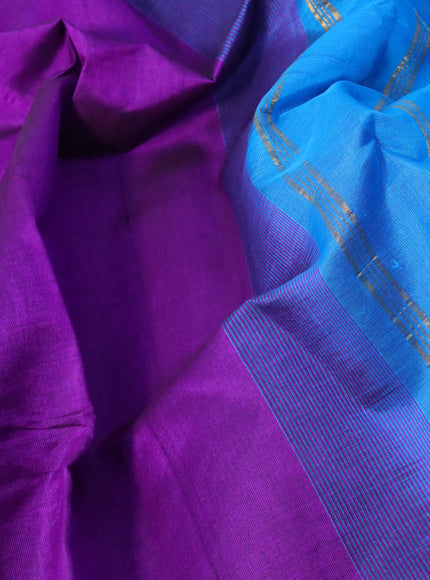 Silk cotton saree purple and cs blue with plain body and annam zari woven border