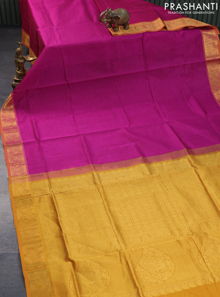 Silk cotton saree magenta pink and mustard yellow with plain body and zari woven border