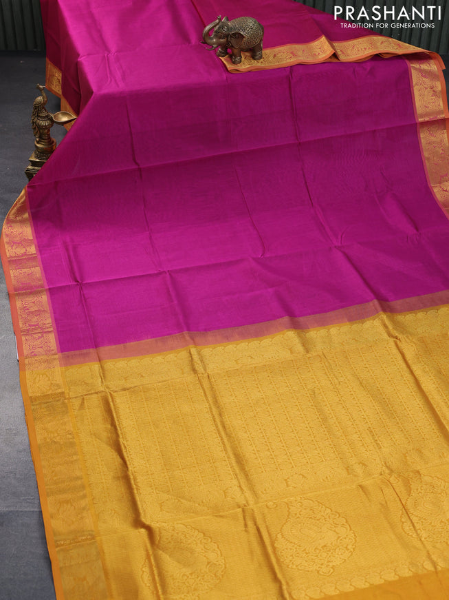 Silk cotton saree magenta pink and mustard yellow with plain body and zari woven border