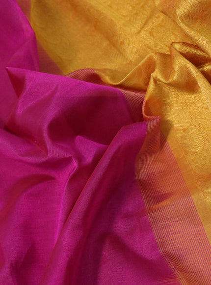 Silk cotton saree magenta pink and mustard yellow with plain body and zari woven border