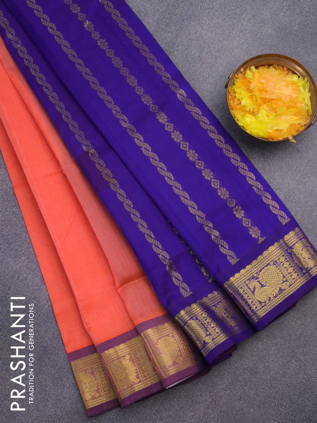 Silk cotton saree orange and blue with plain body and annam zari woven border