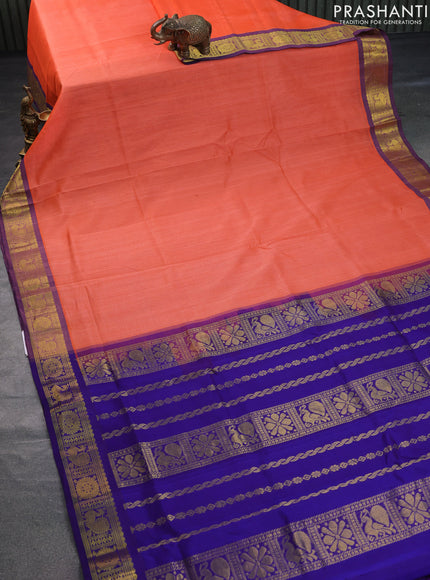 Silk cotton saree orange and blue with plain body and annam zari woven border