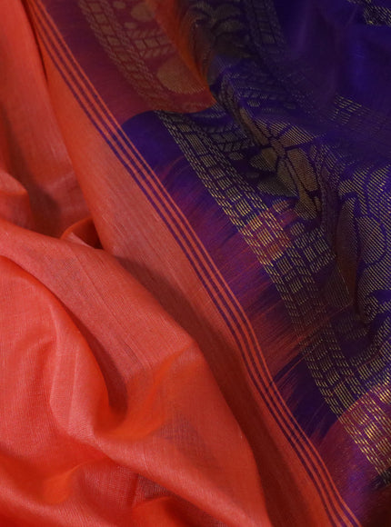 Silk cotton saree orange and blue with plain body and annam zari woven border