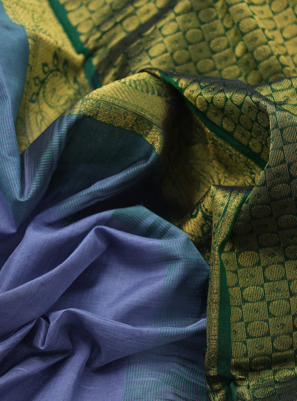 Silk cotton saree grey and green with plain body and zari woven border