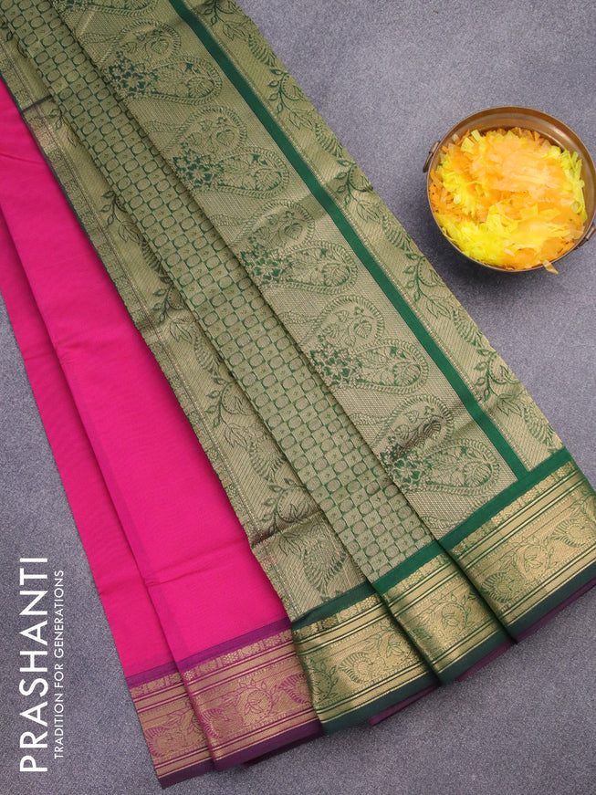 Silk cotton saree pink and green with plain body and zari woven border