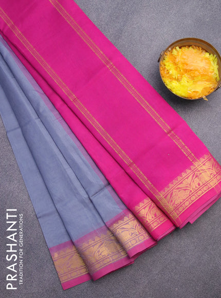 Silk cotton saree grey and pink with plain body and zari woven border