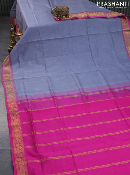 Silk cotton saree grey and pink with plain body and zari woven border