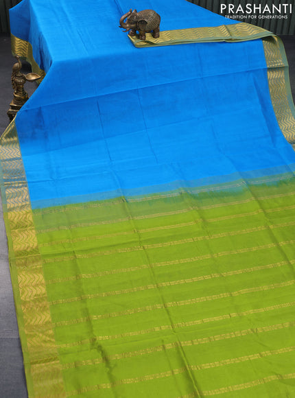 Silk cotton saree cs blue and light green with plain body and zari woven border