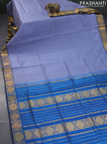 Silk cotton saree grey and cs blue with plain body and rudhraksha zari woven border