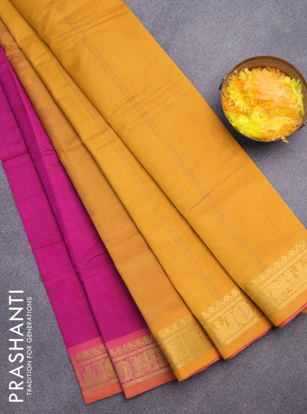 Silk cotton saree magenta pink and mustard yellow with plain body and zari woven border