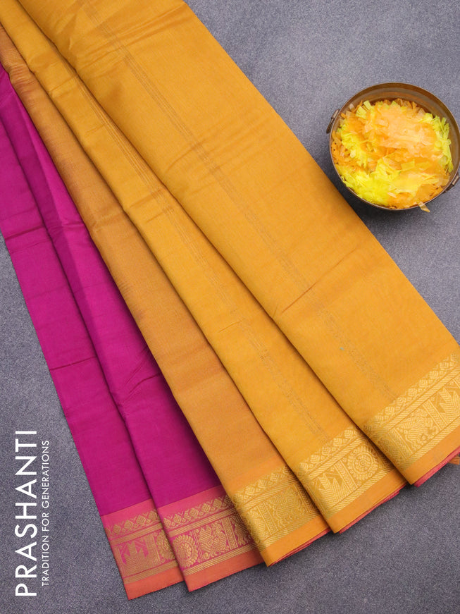 Silk cotton saree magenta pink and mustard yellow with plain body and zari woven border