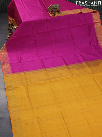 Silk cotton saree magenta pink and mustard yellow with plain body and zari woven border