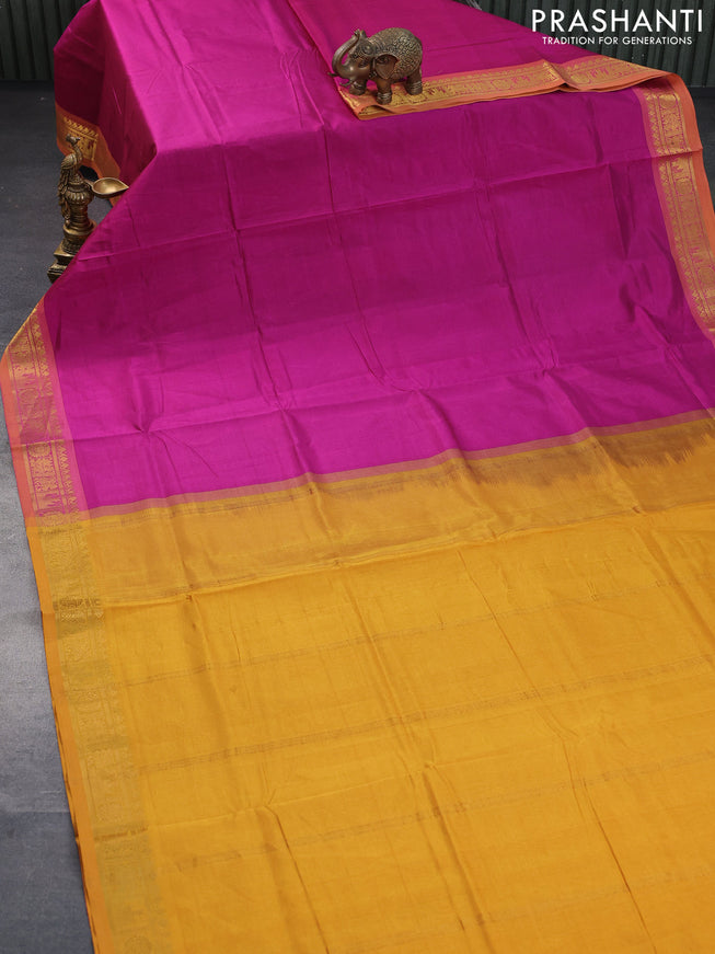 Silk cotton saree magenta pink and mustard yellow with plain body and zari woven border