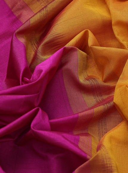 Silk cotton saree magenta pink and mustard yellow with plain body and zari woven border