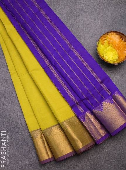 Silk cotton saree lime yellow and violet with plain body and temple design zari woven border