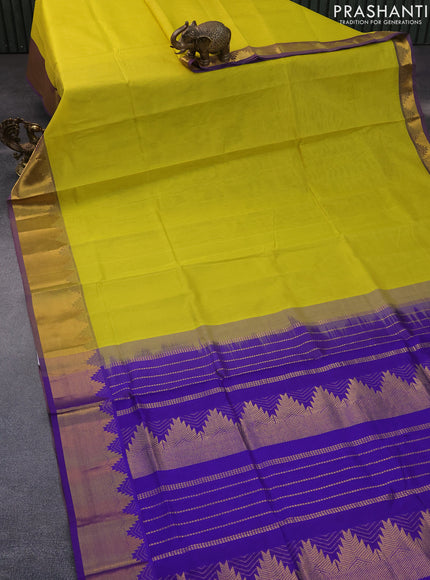 Silk cotton saree lime yellow and violet with plain body and temple design zari woven border