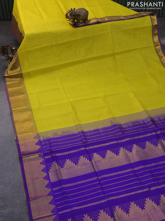 Silk cotton saree lime yellow and violet with plain body and temple design zari woven border