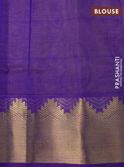 Silk cotton saree lime yellow and violet with plain body and temple design zari woven border