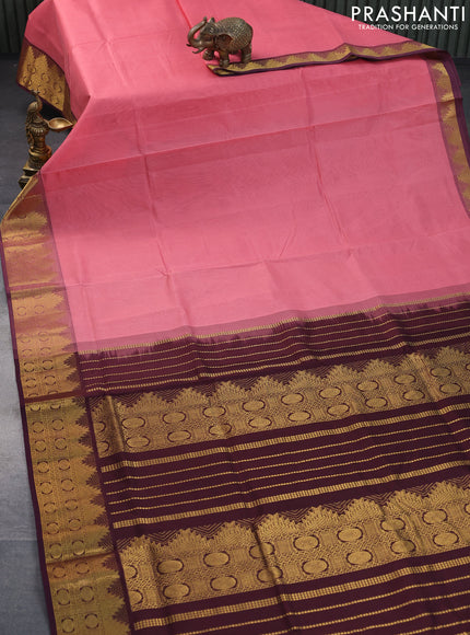 Silk cotton saree peach pink and deep maroon with plain body and temple & rudhraksha zari woven border