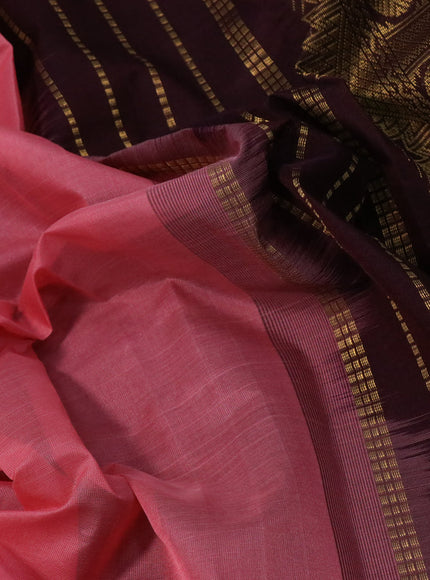 Silk cotton saree peach pink and deep maroon with plain body and temple & rudhraksha zari woven border