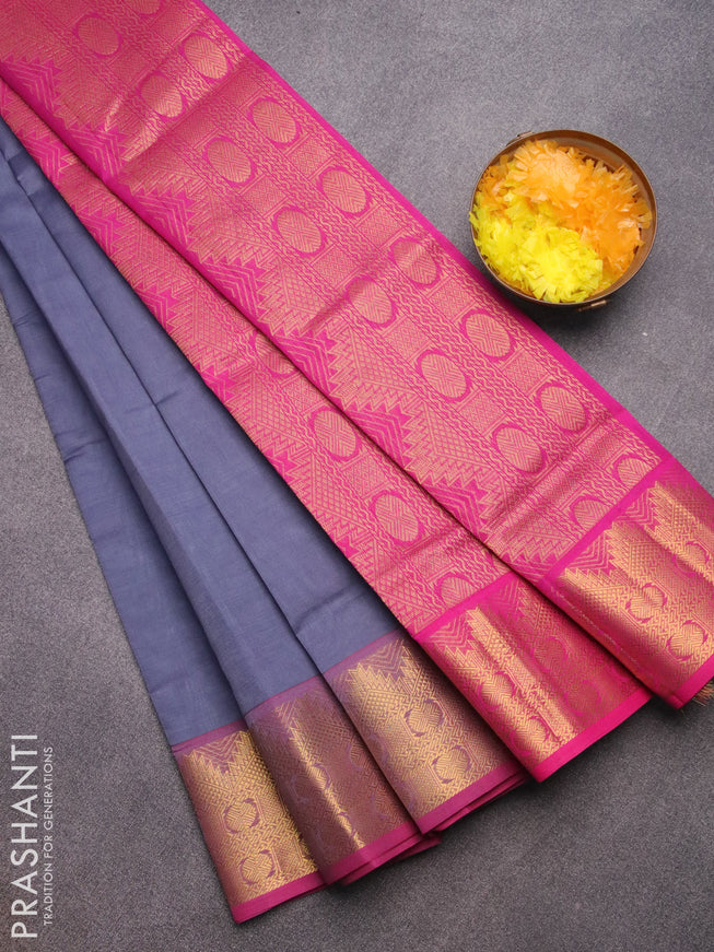 Silk cotton saree grey and pink with plain body and temple & rudhraksha zari woven border