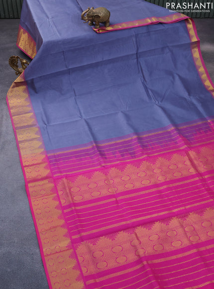 Silk cotton saree grey and pink with plain body and temple & rudhraksha zari woven border