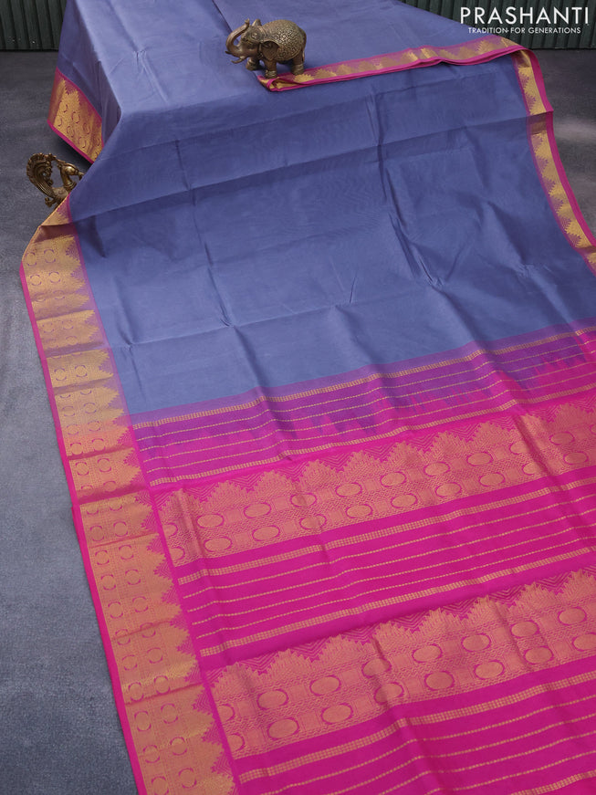 Silk cotton saree grey and pink with plain body and temple & rudhraksha zari woven border