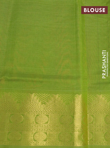 Silk cotton saree maroon and mehendi green with plain body and temple & rudhraksha zari woven border