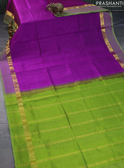 Silk cotton saree purple and light green with plain body and zari woven simple border