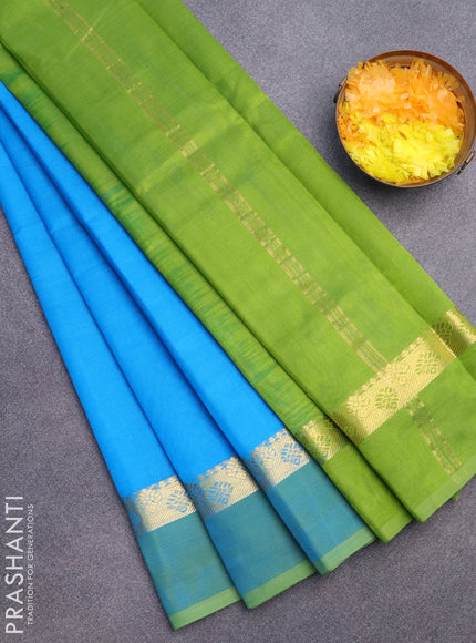 Silk cotton saree cs blue and light green with plain body and zari woven simple border