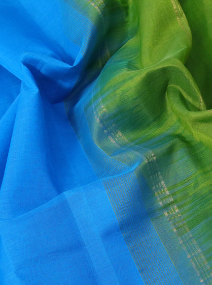 Silk cotton saree cs blue and light green with plain body and zari woven simple border