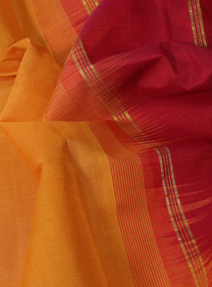 Silk cotton saree mango yellow and maroon with plain body and tenple & paisley zari woven simple border