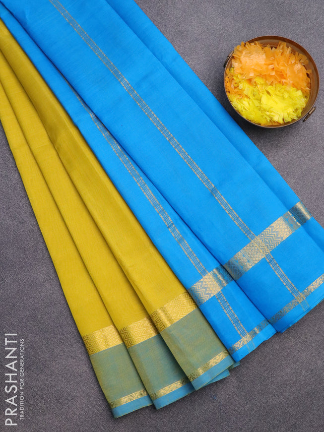 Silk cotton saree lime yellow and cs blue with plain body and rettapet zari woven border