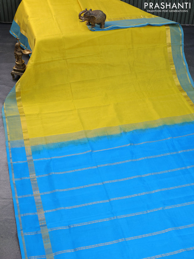 Silk cotton saree lime yellow and cs blue with plain body and rettapet zari woven border