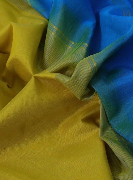 Silk cotton saree lime yellow and cs blue with plain body and rettapet zari woven border