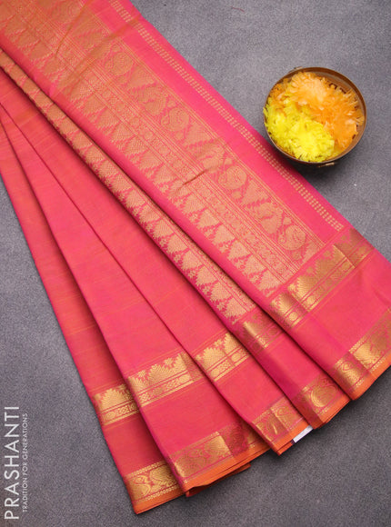 Silk cotton saree dual shade of pinkish orange with plain body and rettapet zari woven border