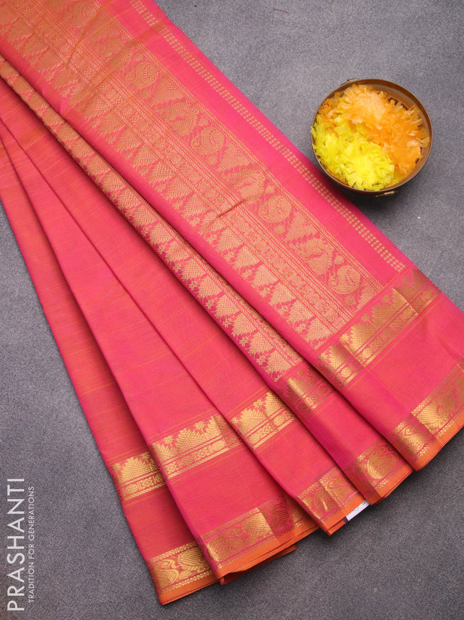 Silk cotton saree dual shade of pinkish orange with plain body and rettapet zari woven border