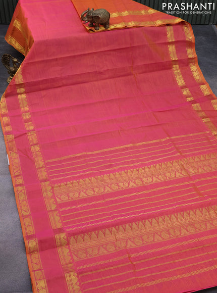 Silk cotton saree dual shade of pinkish orange with plain body and rettapet zari woven border